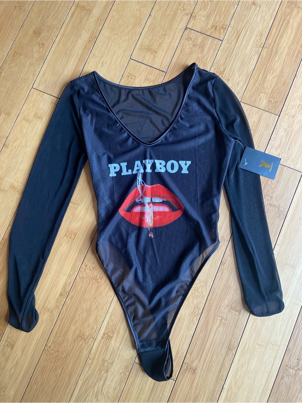 PLAYBOY Black Mesh Long-Sleeve Bodysuit with Red Lip Graphic